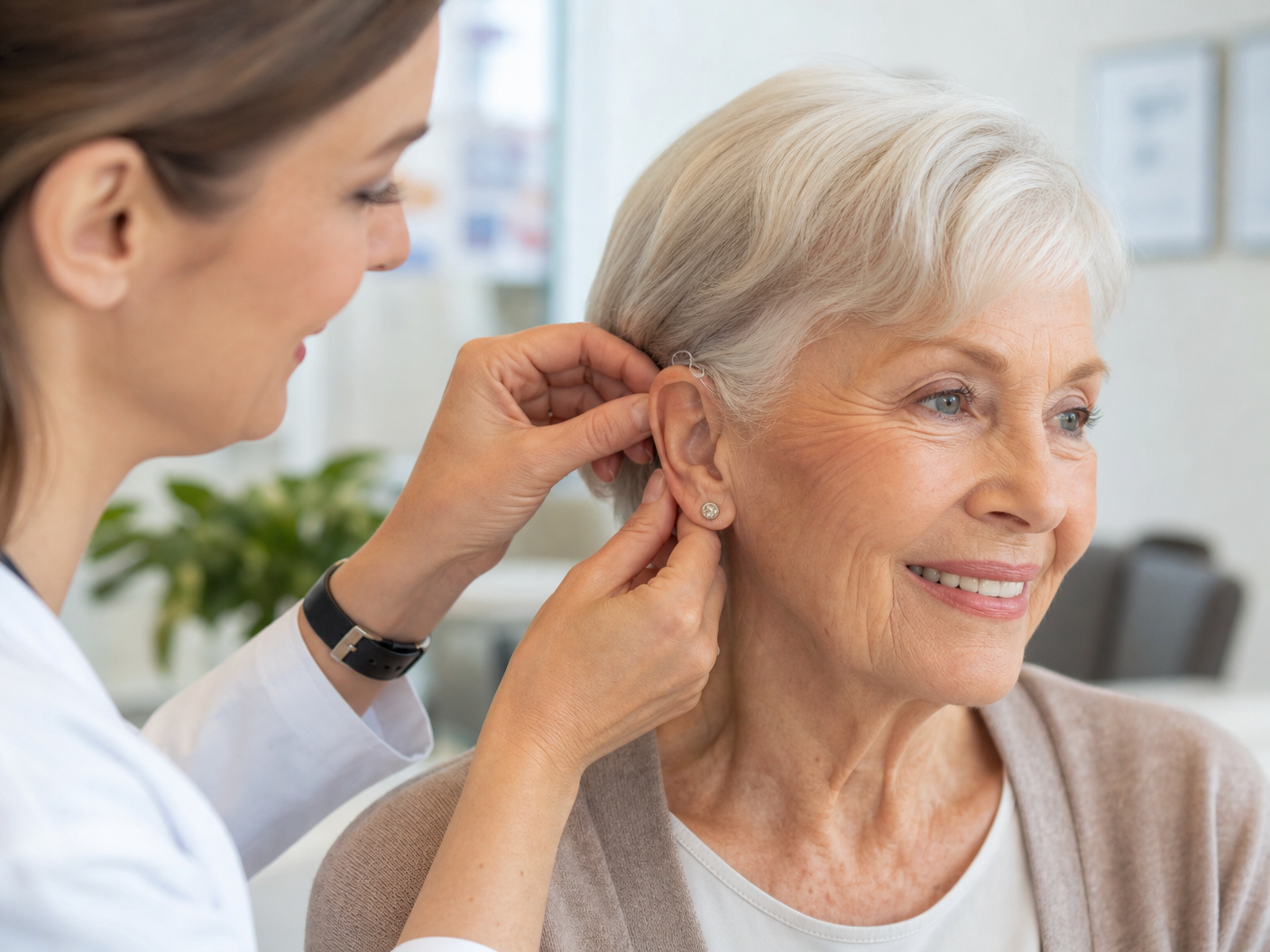 hearing-aid-fitting Audiologist fitting a hearing aid on a senior patient at Chambersburg Hearing Center