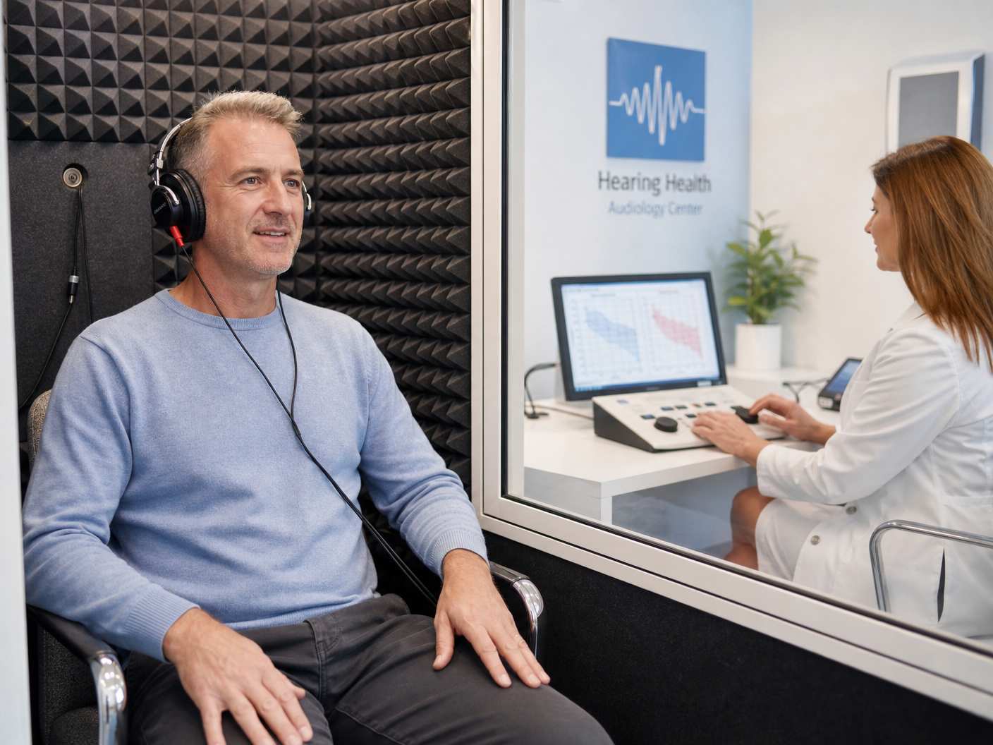 Patient taking a hearing test in a sound booth at Chambersburg Hearing Center