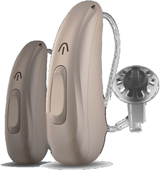 Two behind-the-ear hearing aids with receiver-in-canal tubing and dome tips